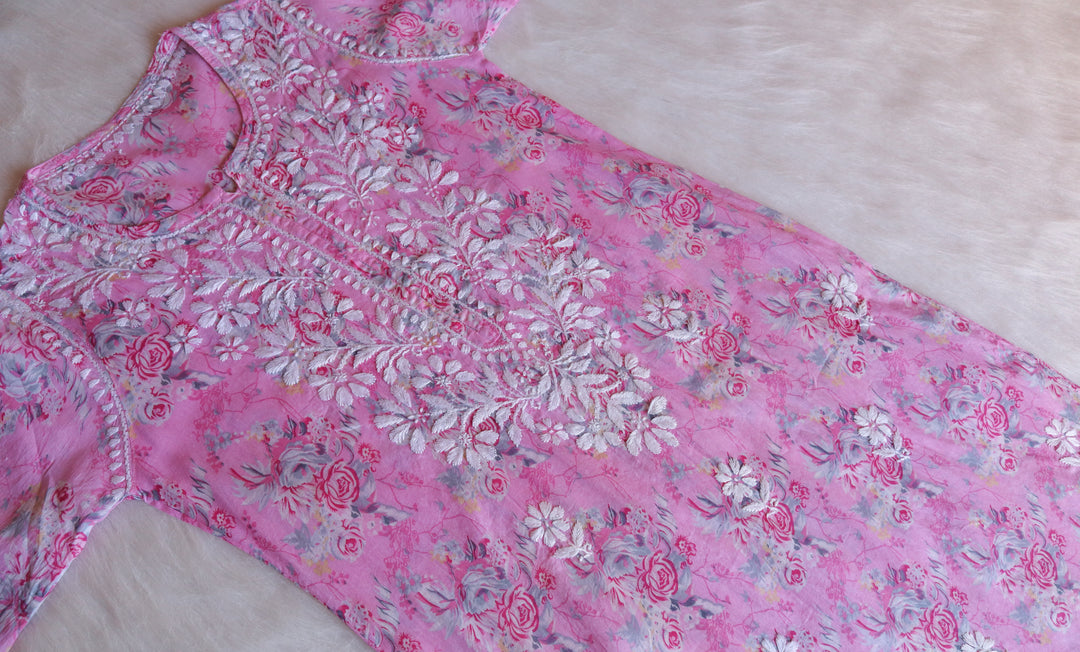 Zahra Baby Pink Floral Long MulMul kurta