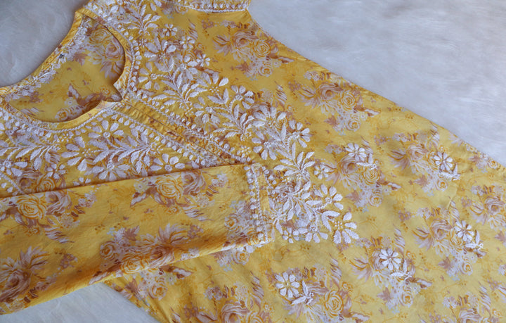 Zahra Yellow Floral Long MulMul kurta