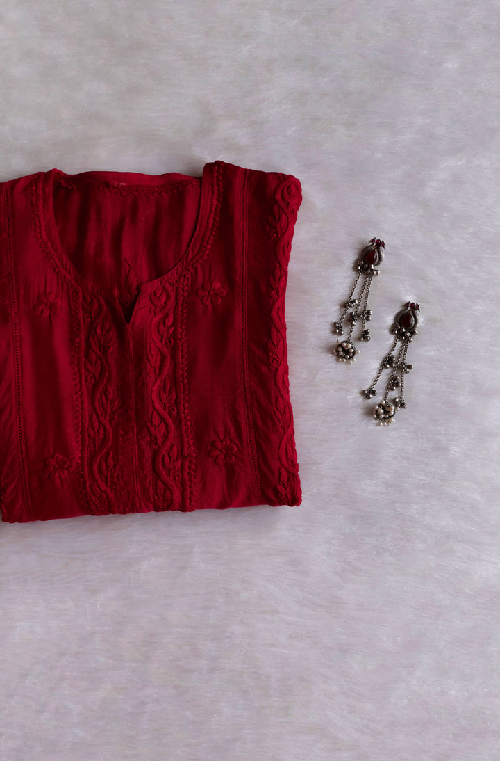 Maaham Pure Muslin Maroon Kurta - Noor Chikankari