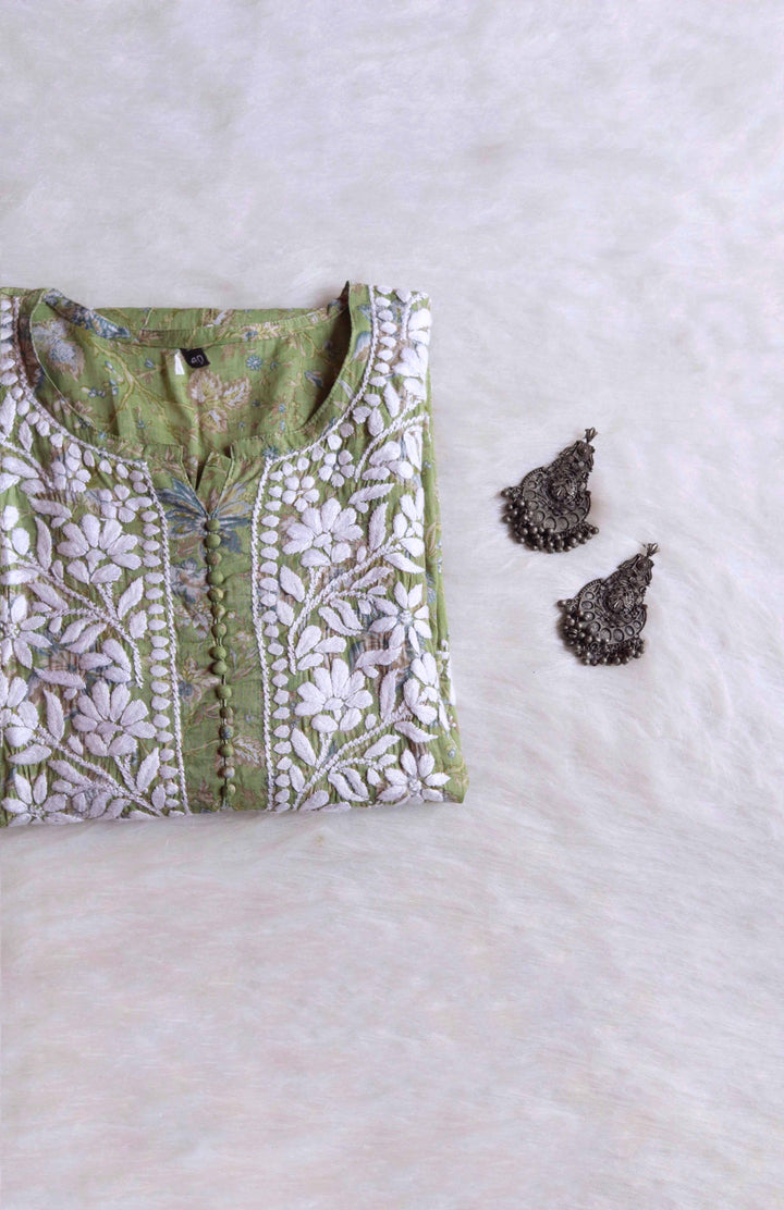 Abiha Pastel Green Floral Luxe MulMul kurta