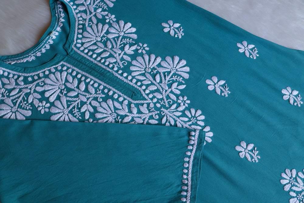 Aayat Sea Blue Short Rayon Kurta - Noor Chikankari