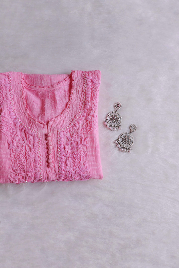 Pink Long Cotton Jacquard Pearl kurta