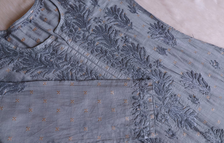 Nazakat Grey Premium Long Chanderi Kurta