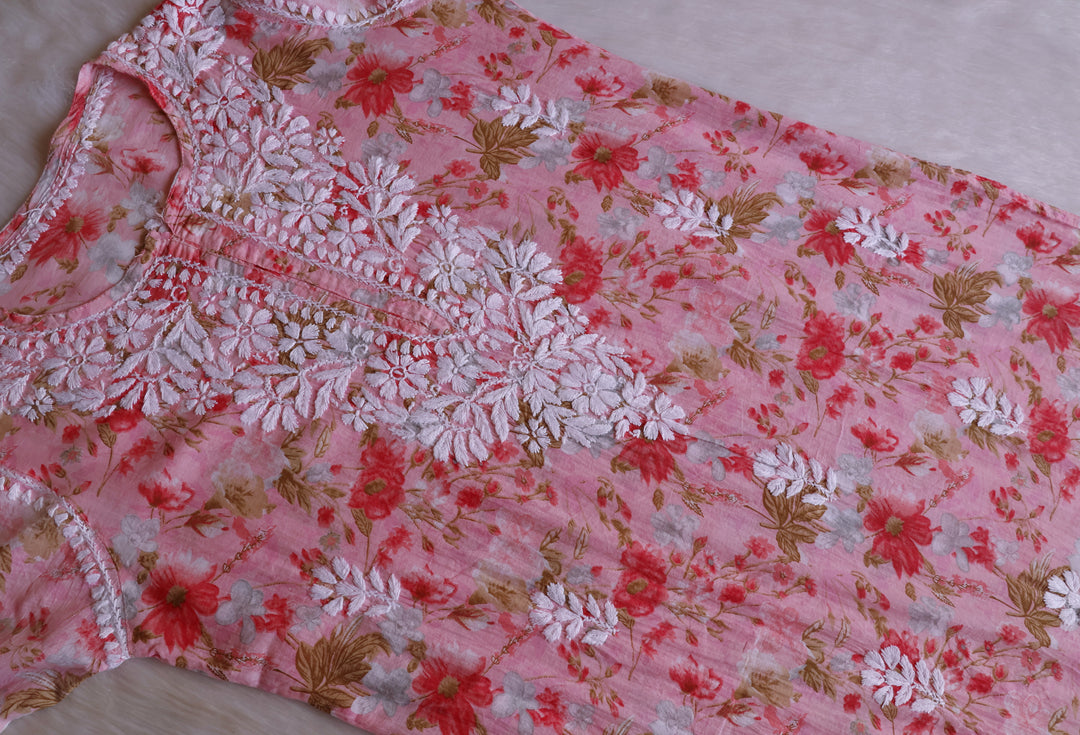 Hedaya Pink Floral Long MulMul kurta