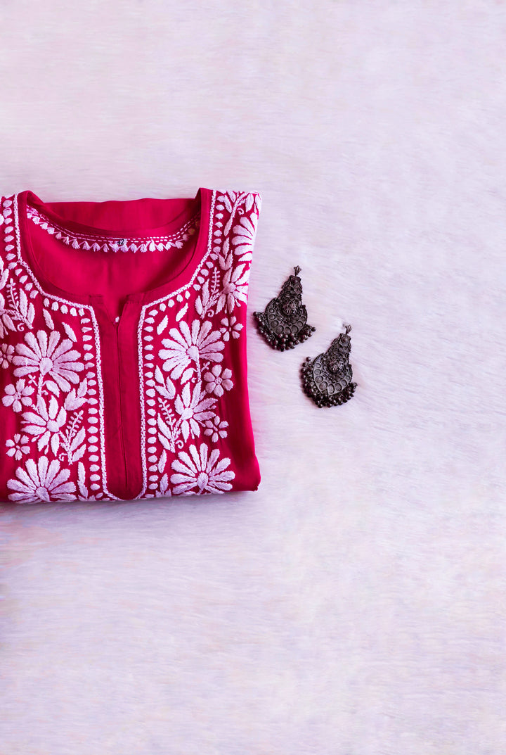 Duaa Deep Pink Long Rayon kurta - Noor Chikankari