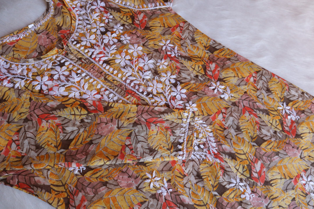 Zahra Golden Floral Long MulMul kurta - Noor Chikankari