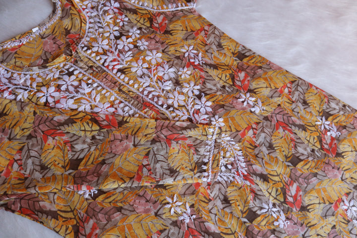 Zahra Golden Floral Long MulMul kurta - Noor Chikankari