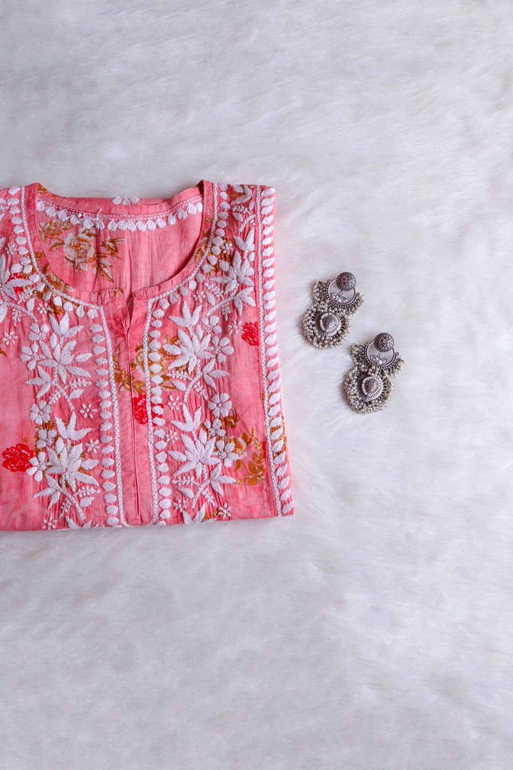 Gul Premium Peach Floral Long MulMul kurta
