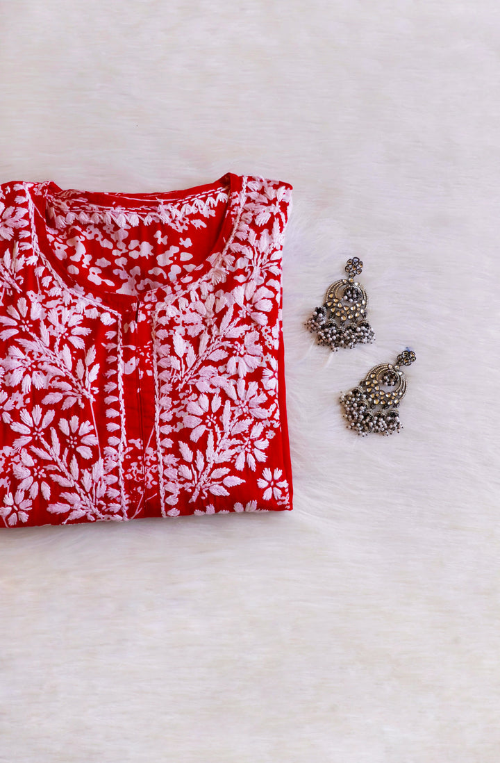 Farhaa Red Floral Long MulMul kurta