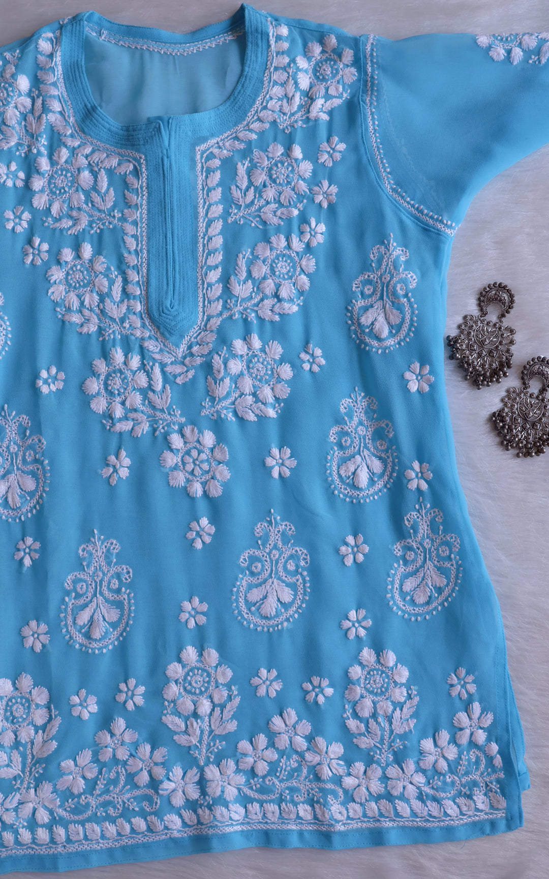 Zaira Sky Blue & White Short Georgette Kurta - Noor Chikankari