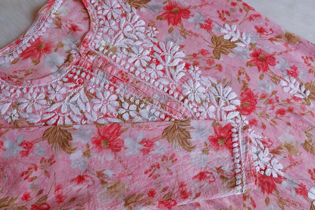 Hedaya Pink Floral Long MulMul kurta