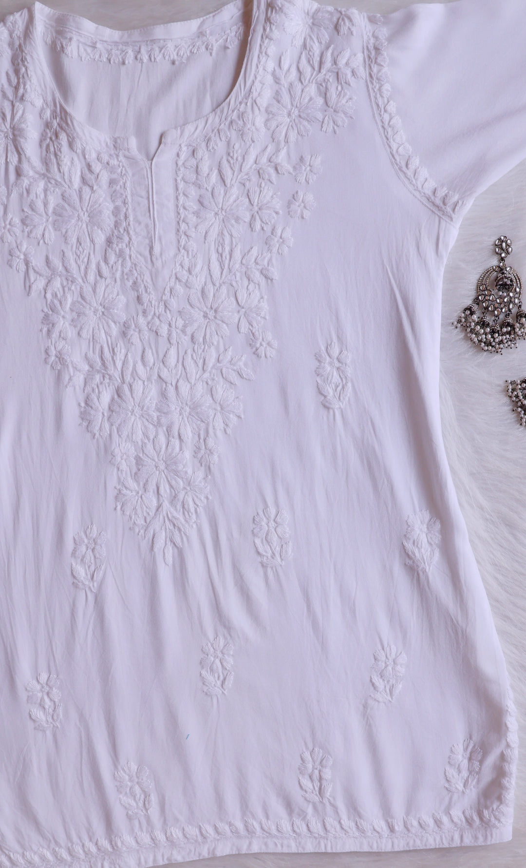 Aayat White Short Rayon Kurta - Noor Chikankari