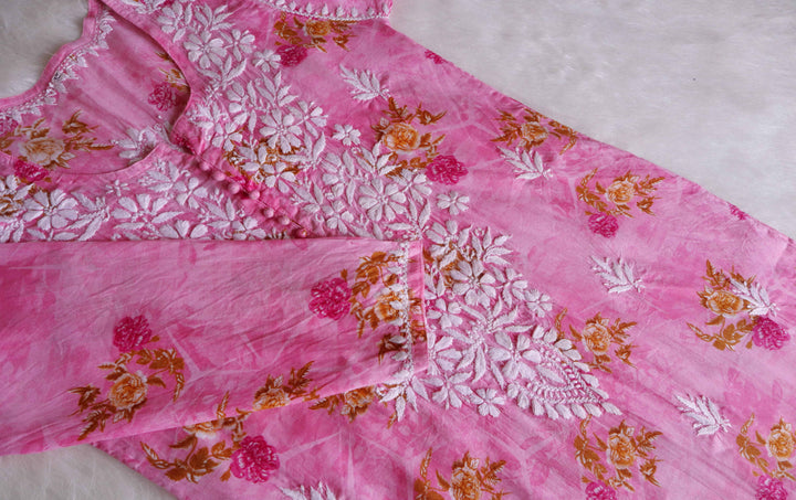 Gul Premium Pink Floral Long MulMul kurta