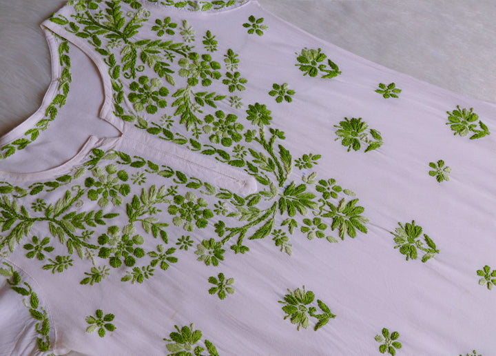 Gulbahaar White & Olive Green Cotton short kurta