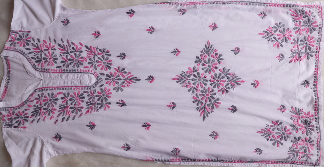 Gul Kashmiri White & Pink Grey Pure Cotton Kurta