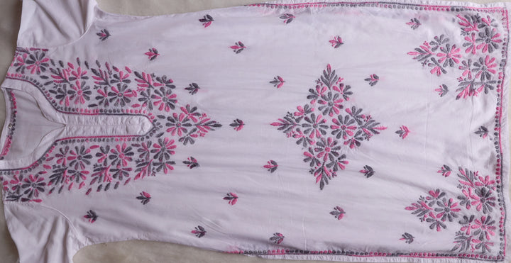 Gul Kashmiri White & Pink Grey Pure Cotton Kurta