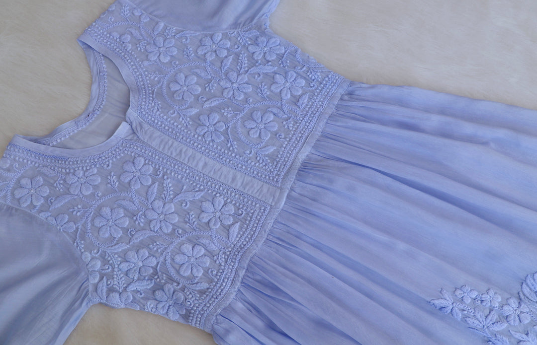 Aafiyat Pure Muslin Ice Blue Chikankari Fit and Flare dress