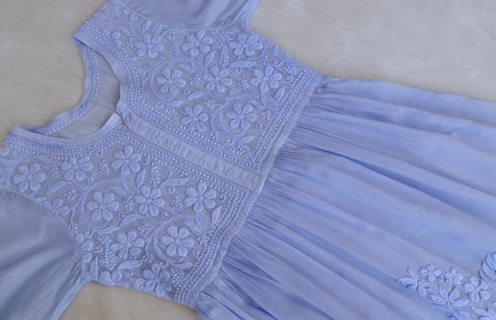 Aafiyat Pure Muslin Ice Blue Chikankari Fit and Flare dress
