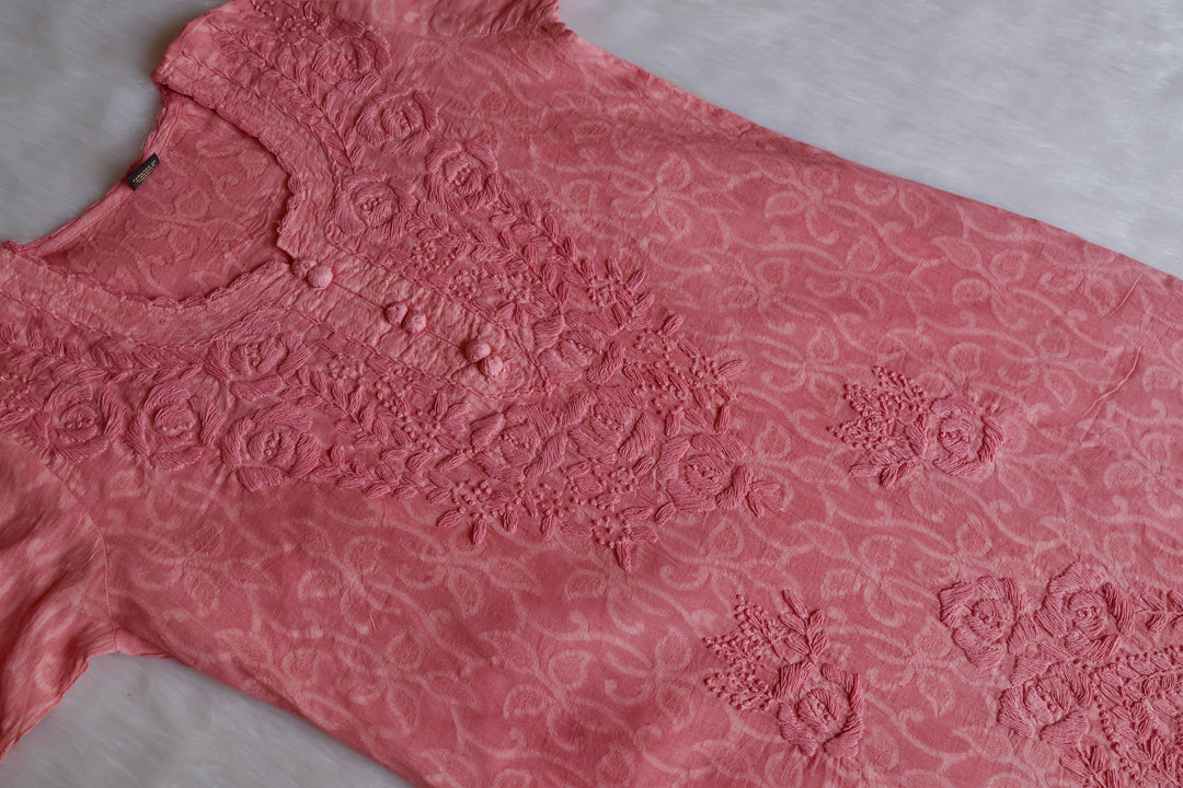 Dusty Rose Long Jacquard Lace Cotton kurta - Noor Chikankari