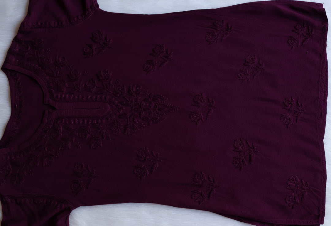 Gul Plum Short Rayon Kurta - Noor Chikankari