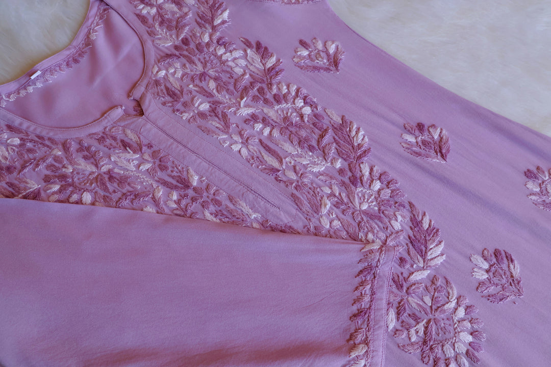 Nuresa Dusty Lavender Ombre Thread Long Rayon Kurta - Noor Chikankari