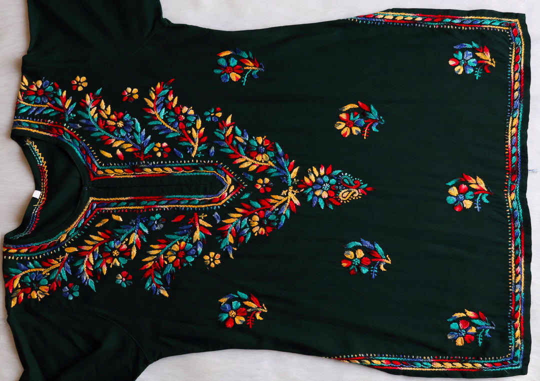 Maaham Deep Green & Multicoloured Short Rayon Kurta