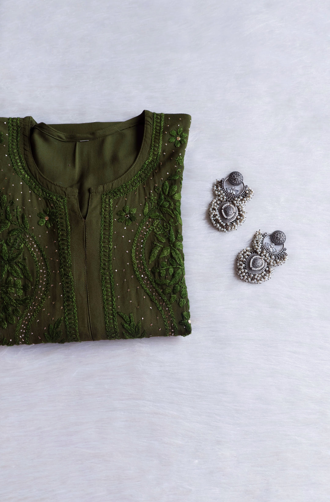 Naida Olive Green Rayon mukaish Long Kurta