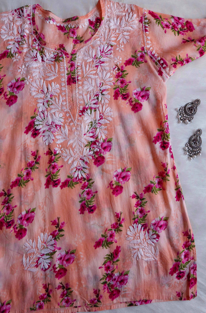 Ishra Peach Short Mulmul Kurta