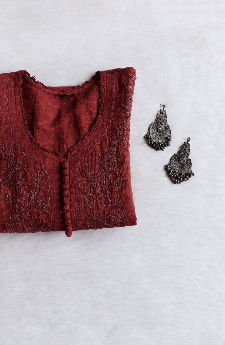 Chocolate Brown long Jacquard Cotton kurta