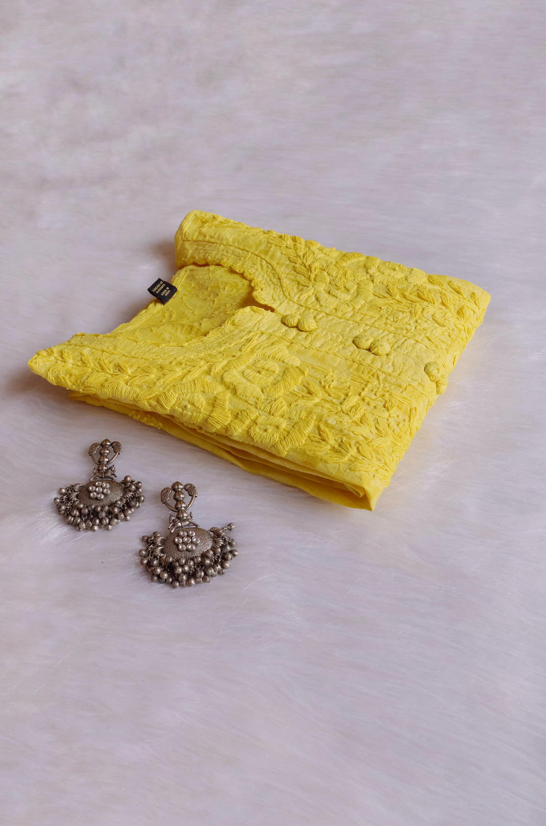 Yellow Long Jacquard Lace Cotton kurta - Noor Chikankari