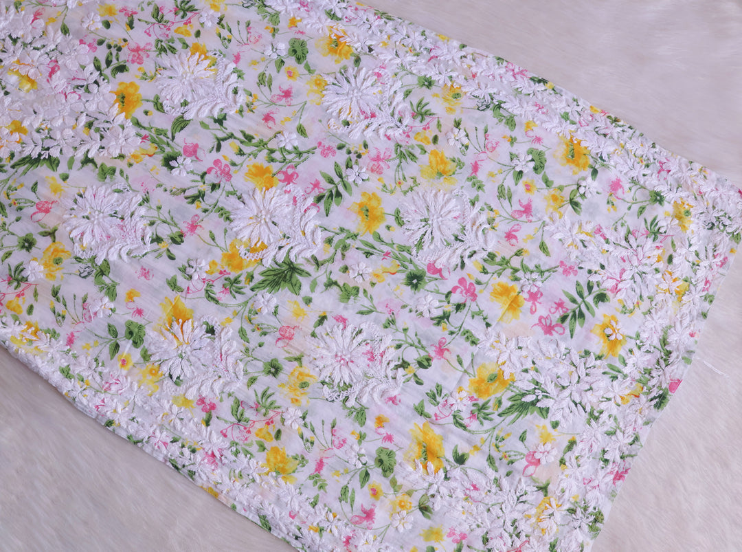 Amna White & Yellow Floral Long MulMul kurta