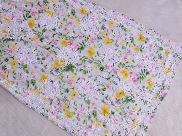 Amna White & Yellow Floral Long MulMul kurta