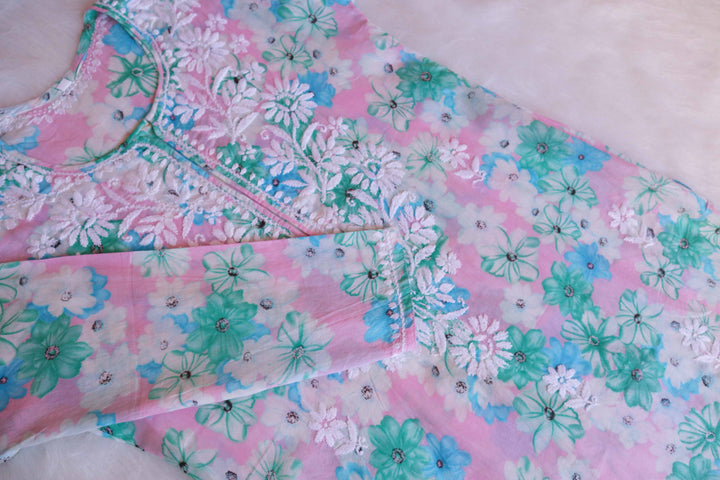 Layla Pink & Blue Floral Long MulMul kurta