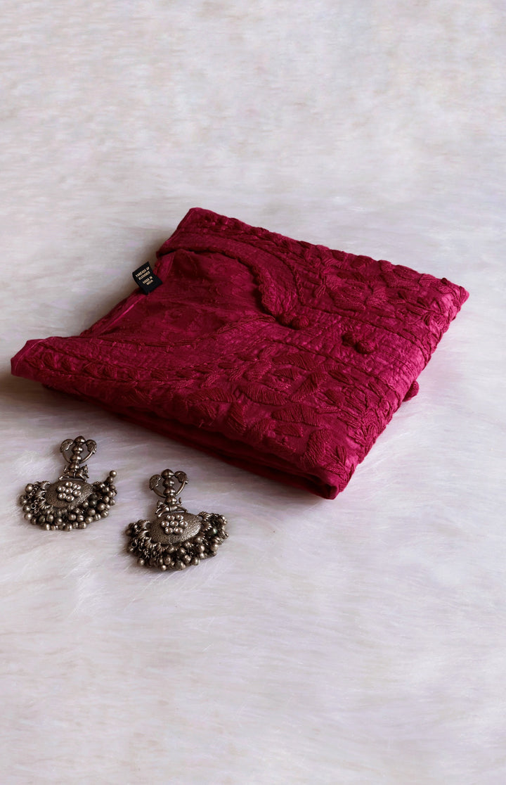 Maroon Long Jacquard Lace Cotton kurta