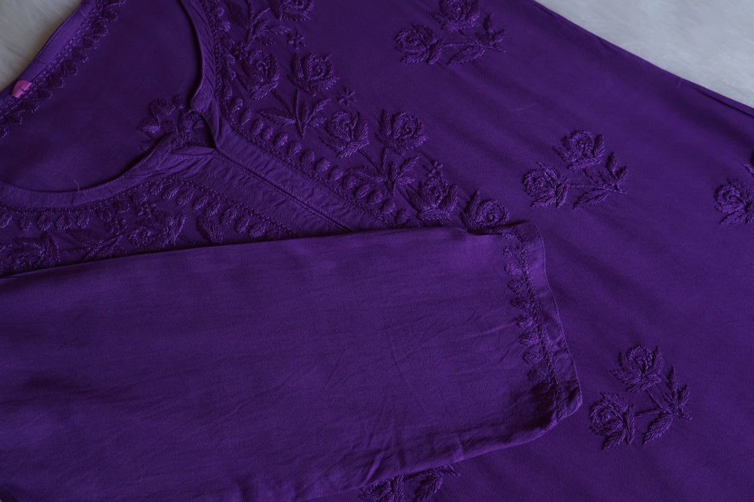 Gul Purple Short Rayon Kurta - Noor Chikankari