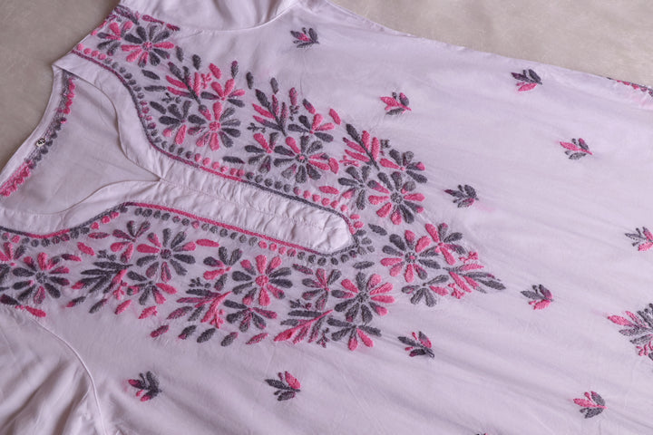Gul Kashmiri White & Pink Grey Pure Cotton Kurta