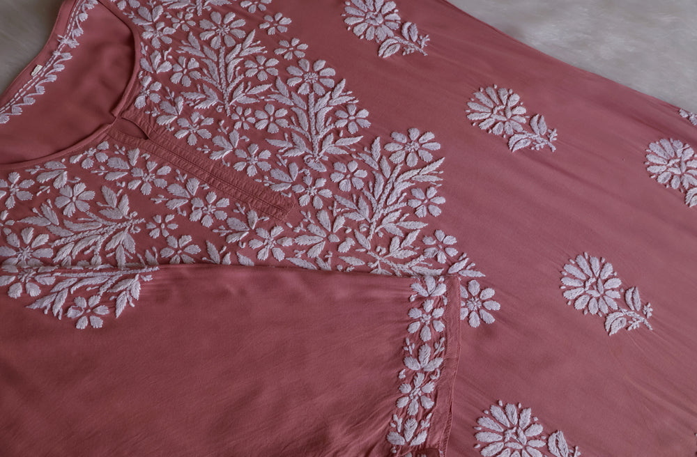 Zahrah Rose Brown Long Modal Kurta - Noor Chikankari