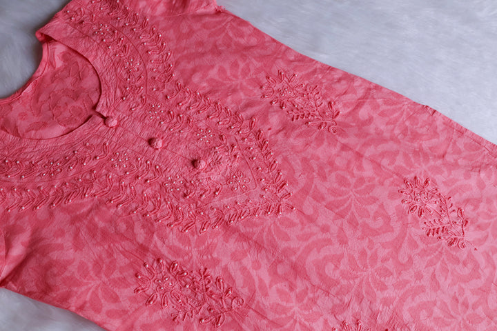 Dusty Pink Long Cotton Jacquard Pearl kurta