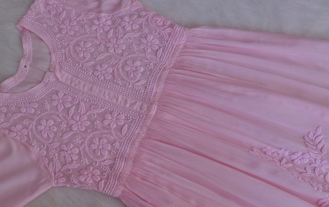 Aafiyat Pure Muslin Baby Pink Chikankari Fit and Flare dress