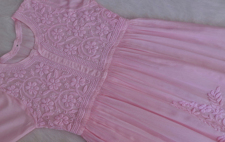 Aafiyat Pure Muslin Baby Pink Chikankari Fit and Flare dress