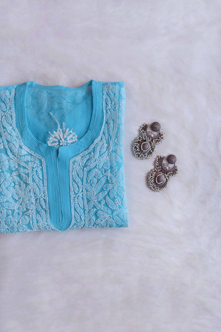 Nazish Aqua Blue & White Long Georgette kurta