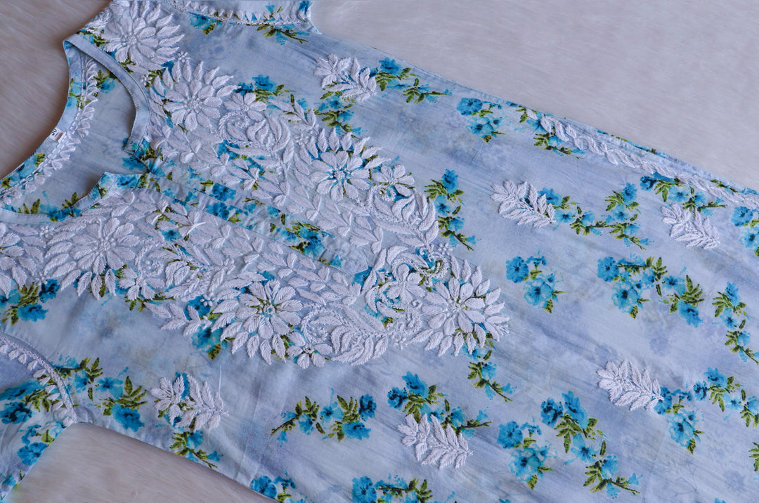 Gul Blue Floral Long MulMul Kurta