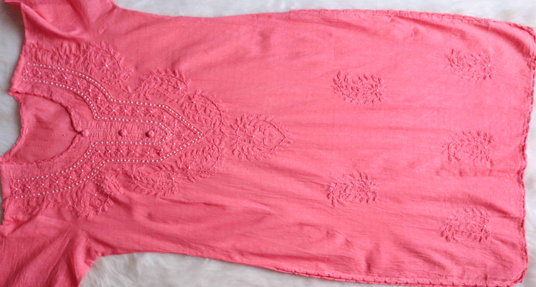 Rose Pink Long Cotton Jacquard Pearl kurta