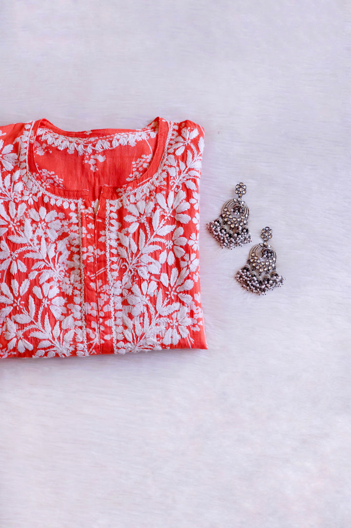 Farhaa Peach Floral Long MulMul kurta