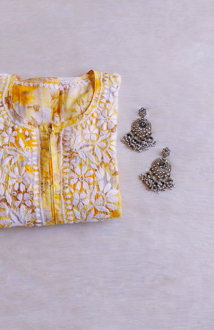 Hedaya Yellow Floral Long MulMul kurta