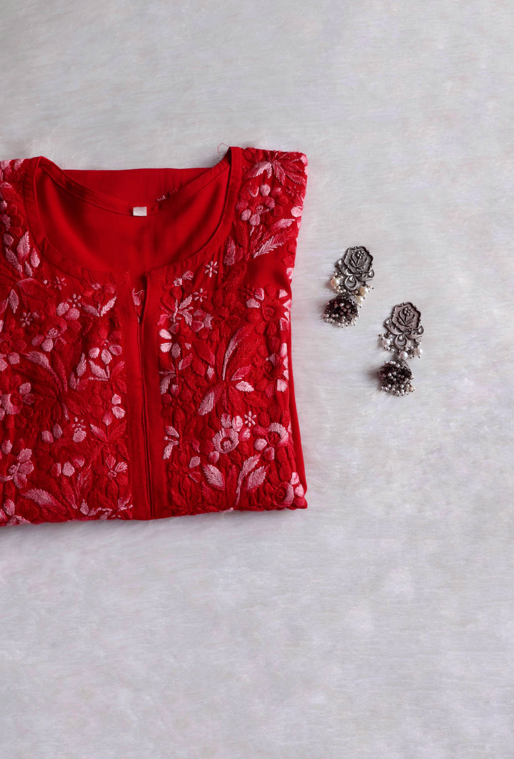 Nuresa Red Ombre Thread Long Rayon Kurta