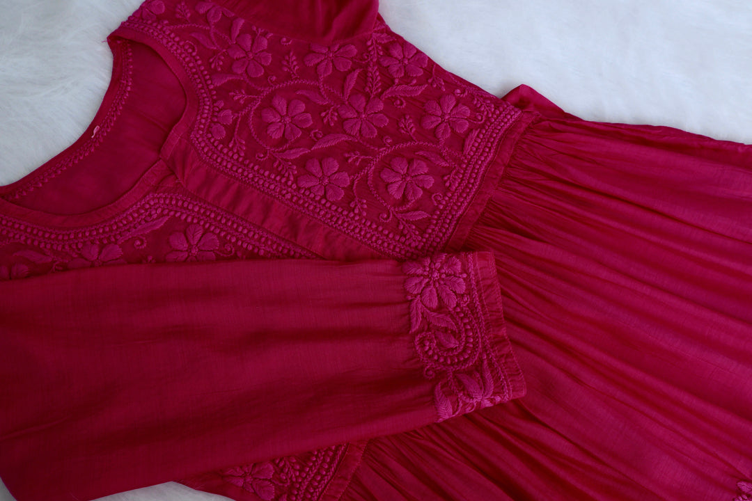 Aafiyat Pure Muslin Deep Pink Chikankari Fit and Flare dress