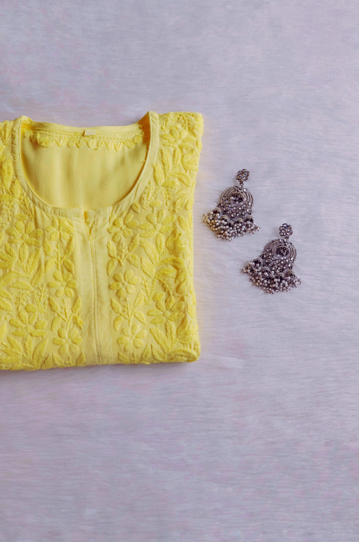 Gul Pastel Yellow Scalloped Long Rayon Kurta