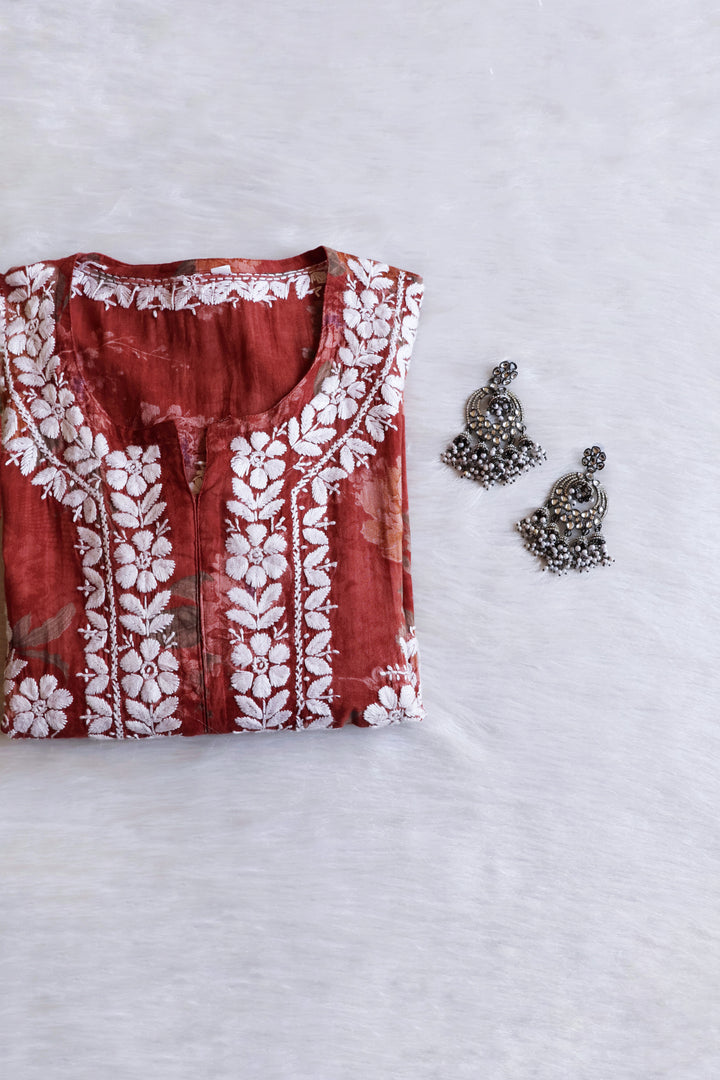 Dahlia Premium Rose Brown Floral Long MulMul kurta