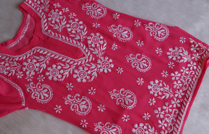 Zaira Mauve Pink & White Short Georgette Kurta - Noor Chikankari